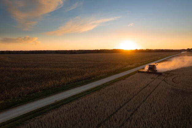 Combine harvester working in the soybean field against a clear sky at sunset in Missouri