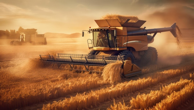 combine harvester working in wheat field