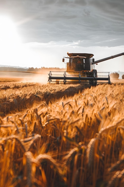 a combine in a wheat field with the sun shining on the horizon