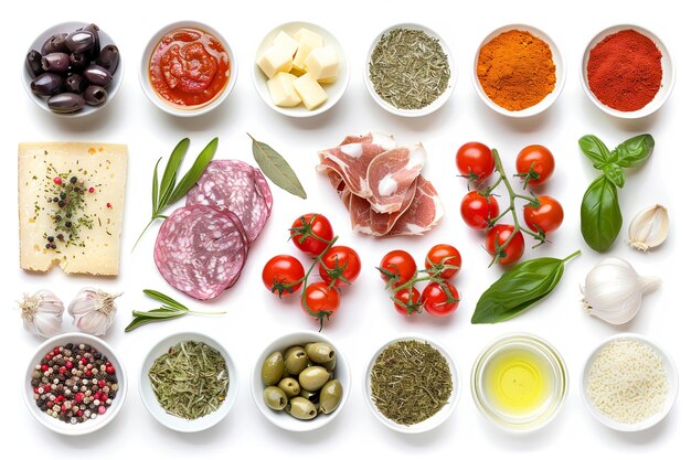 Photo combined ingredients on a white background various pizza toppings and ingredients displayed