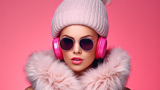 Comedic female with winter accessories and shades on a pink backdrop