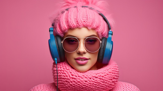 Comedic female with winter accessories and shades on a pink backdrop