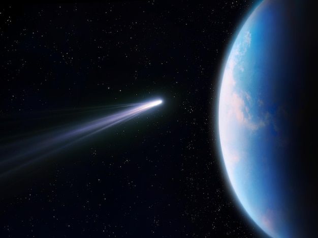 A comet is approaching Earth Celestial body against the background of a blue planet