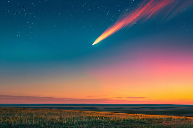 Comet shooting across the sky over an open field at sunset vibrant colors