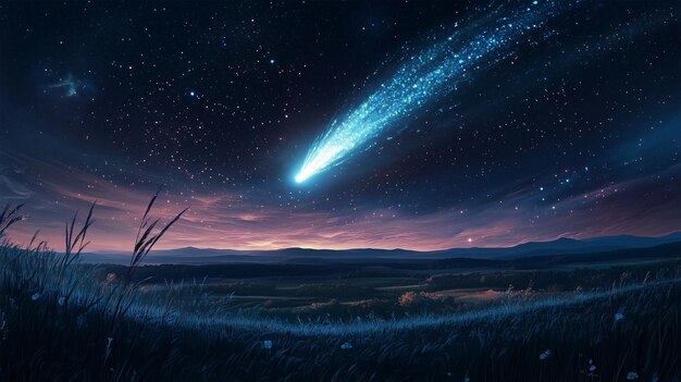 Photo comet over twilight fields