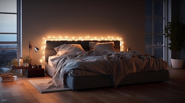 Comfortable bed in modern bedroom softly illuminated Generative ai