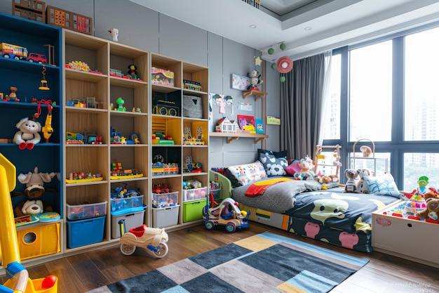 Comfortable Bed in a Stylish Playroom with Storage Rack and Various Toys