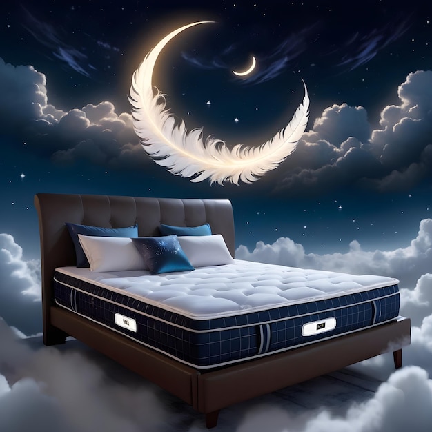 Comfortable bed with the moon and stars in the sky