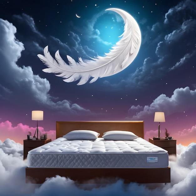 Comfortable bed with the moon and stars in the sky