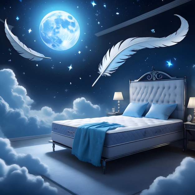 Comfortable bed with the moon and stars in the sky