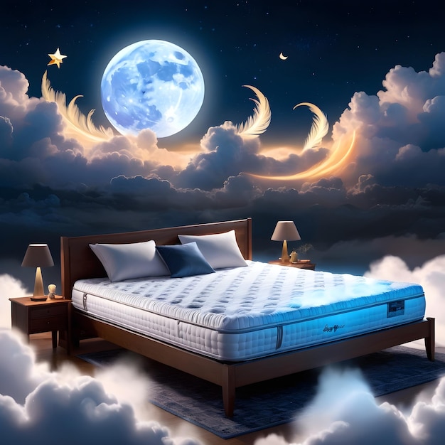 Comfortable bed with the moon and stars in the sky