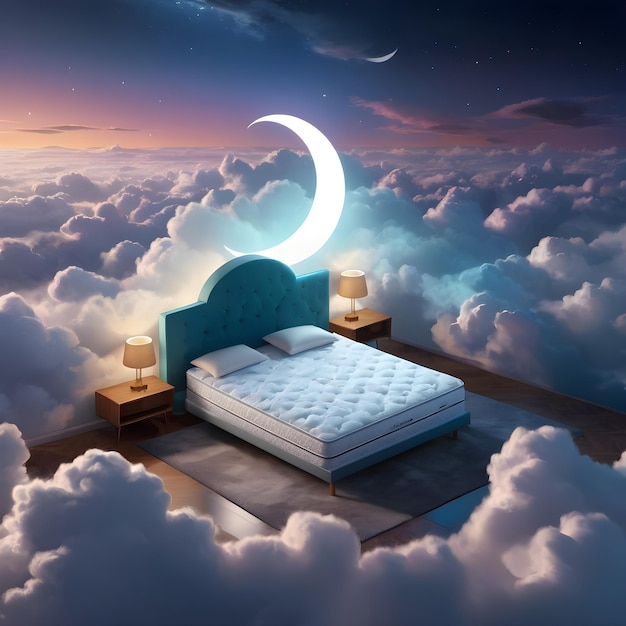 Comfortable bed with the moon and stars in the sky