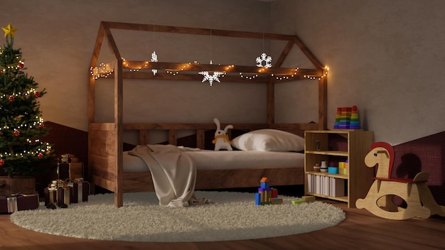 Comfortable and cozy kid's bedroom in Christmas night theme interior design with comfy bed