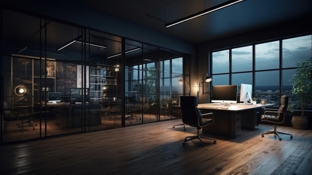 Comfortable and ergonomic office space meeting room in a modern loftstyle building dark muted tones