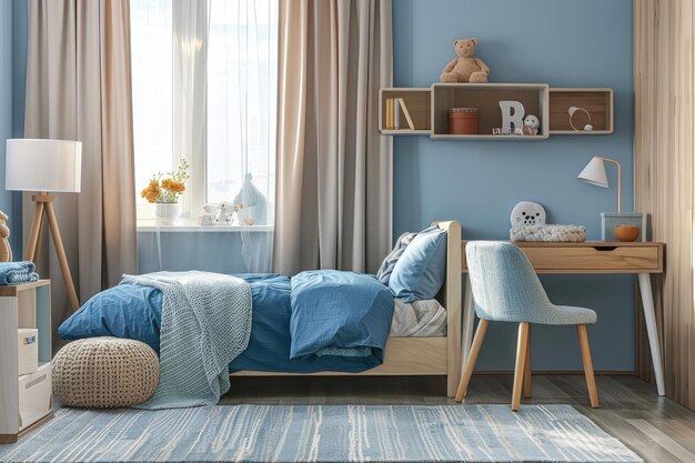 Comfortable functional childrens bedroom with blue single bed and desk