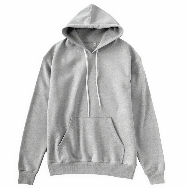 A comfortable grey hoodie with a front pocket and drawstring hood isolated on white background