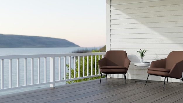 Comfortable home balcony exterior design with beautiful nature view cozy brown armchairs