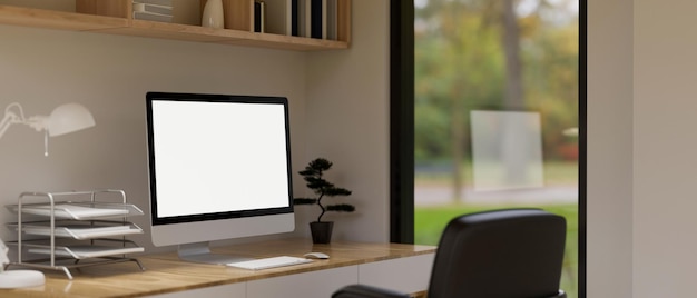 Comfortable home office workplace interior in white and wood style with pc desktop computer