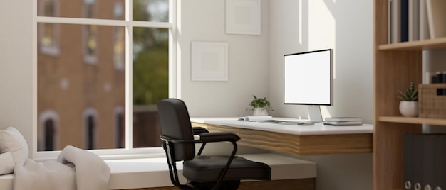 Comfortable home working space interior design with computer desktop mockup