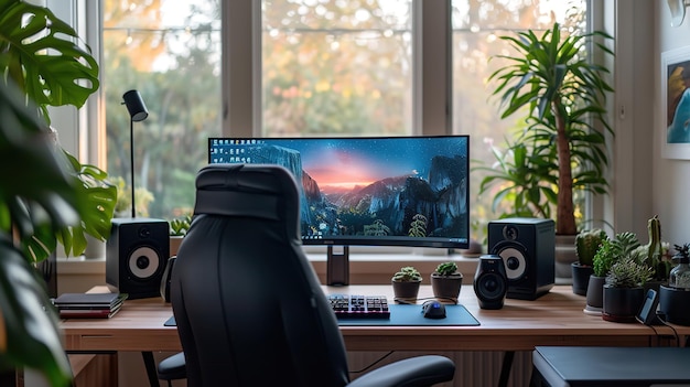 Photo a comfortable and inviting home office setup with an ultrawide monitor surrounded by lush indoor pla