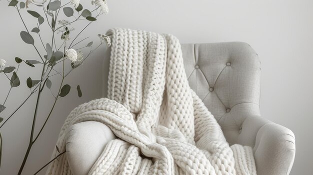 Photo comfortable light grey armchair with white knit blanket in modern living room