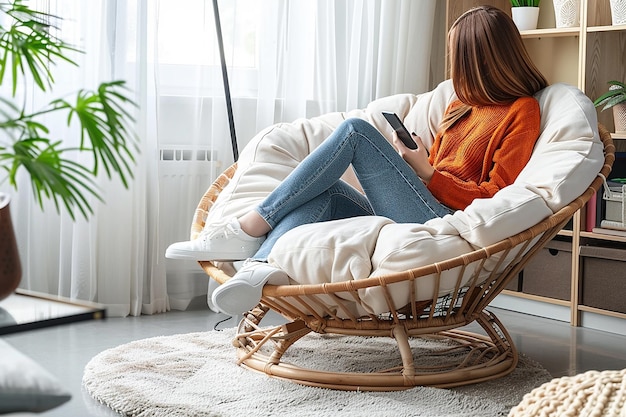 Photo comfortable living room scene with casual attire natural light and minimalist decor