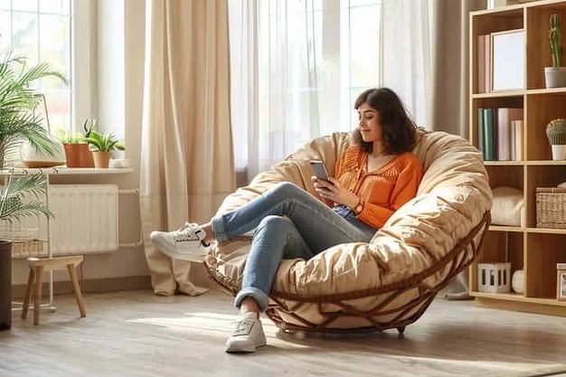 Photo comfortable living room scene with casual attire natural light and minimalist decor