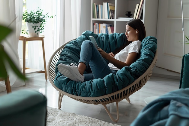 Photo comfortable living room scene with casual attire natural light and minimalist decor