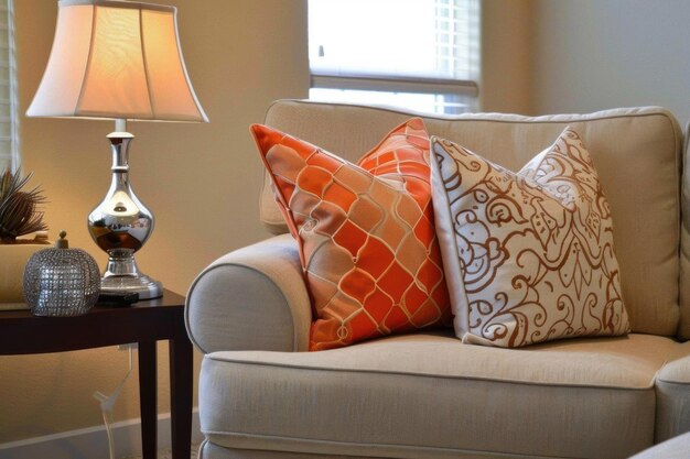 Photo comfortable living room with orange and beige pillows