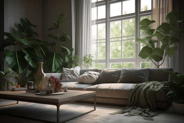 comfortable living room with sofa and indoor plant Generative AI