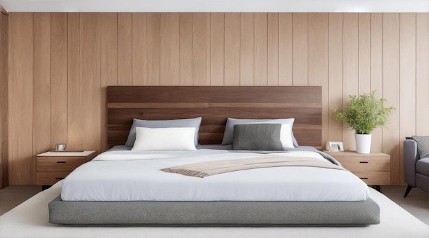 Comfortable modern bedroom with elegant wood headboard Generative AI