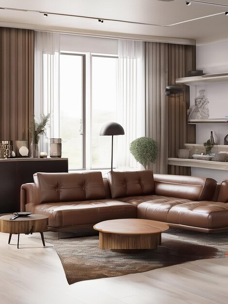 Comfortable modern living room with elegant leather sofa and wooden table