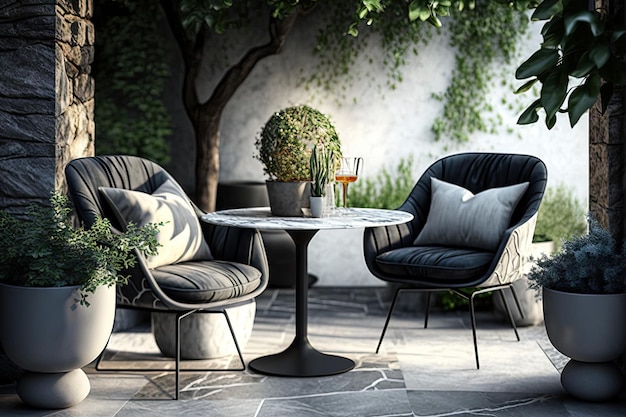 Comfortable modern patio with comfortable scandinavian armchairs and marble table created with gener