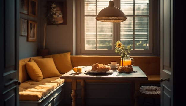 Comfortable modern room with rustic bread and croissant generated by AI