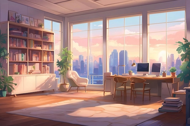 Comfortable Modern Study Room by the Window in a city high buildings Anime Illustration Wallpaper