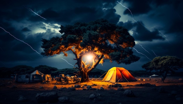 Comfortable night nature hiking Tent travelling summer evening Generative AI