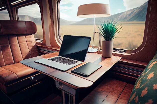 Comfortable seat in first class with laptop on train cabin luxury interior Generative AI