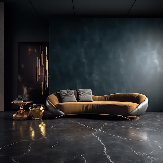 a comfortable sofa on ciment floor against a background of a dark classic wall highdefinition phot