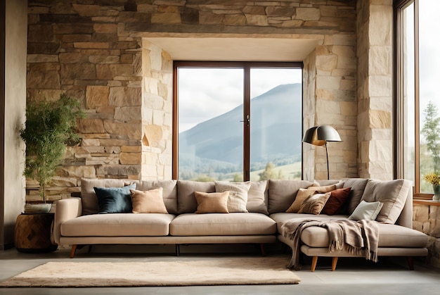 Comfortable sofas and wooden table placed near potted plants against window in living room of modern