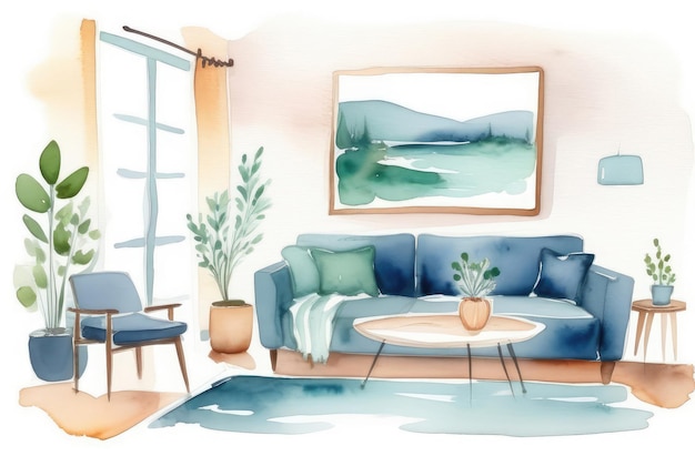 Photo comfortable stylish home interior cozy living space with trendy decor watercolor illustration