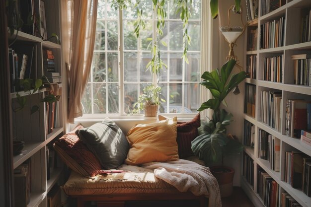 Photo a comfortable window seat with pillows and blankets perfect for reading is now a home office space a peaceful reading nook turned into a workfromhome haven