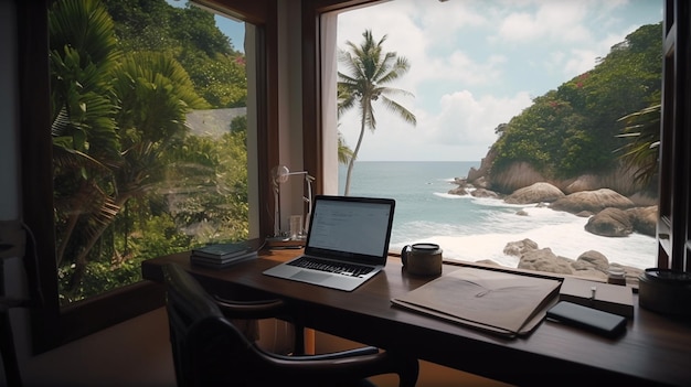 Comfortable workplace at the table with a gorgeous view from the cave to the exotic tropical beach and rocks