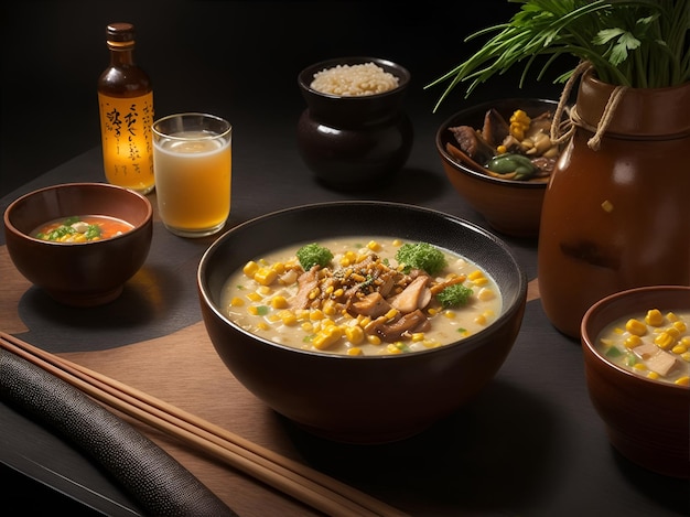 a comforting bowl of Corn Chowder enriched with miso and mirin ai generative