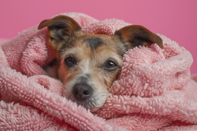 Comforting image of dog in pink towel for pet promotions