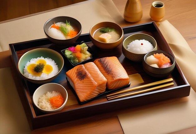 Photo comforting japanese breakfast with a clean and simple background