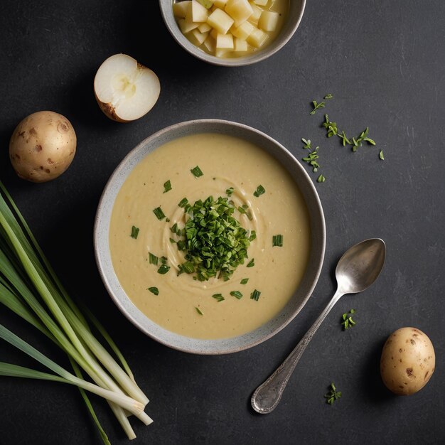 Photo comforting potato leek soup in classic white bowl top view