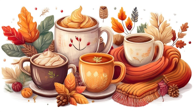 Comforting Winter Coffee Cup Illustration with scarf and fall leaves around Warm muted colors Graphic art illustration