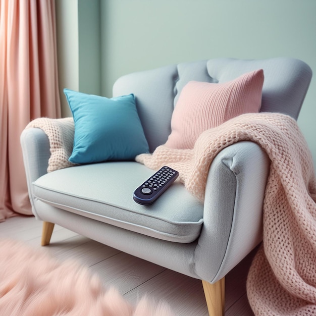 Photo a comfy living room corner with a blanket pillow and a streaming device remote