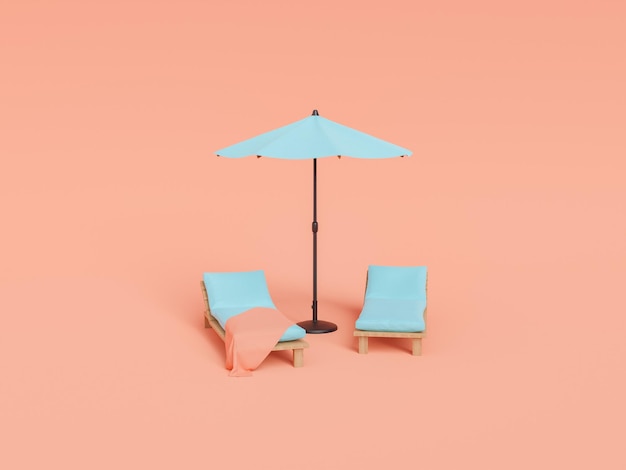 Comfy sunbeds with umbrella against pink background