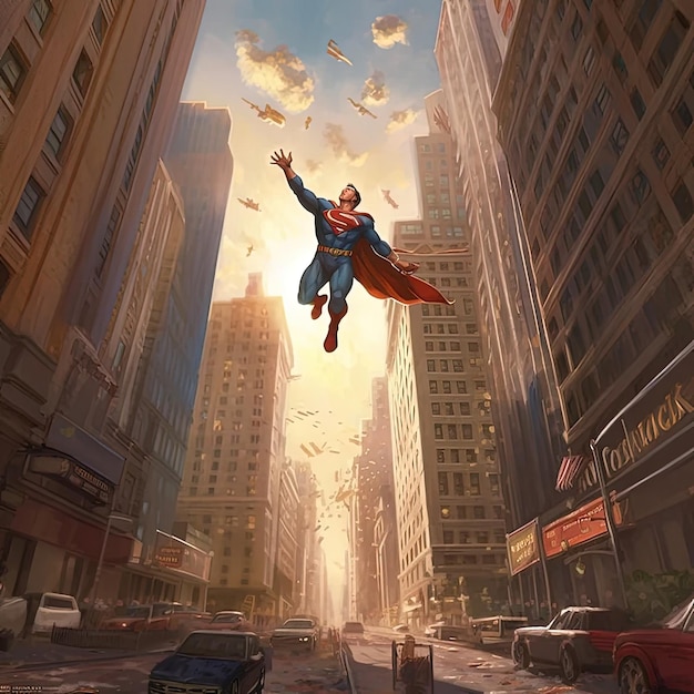 Photo a comic book character flying through the sky above a street